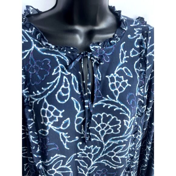 Caslon Navy Blue Shift Dress sz Petite S Floral Botanical Ruffles Boho Peasant - Picture 2 of 11